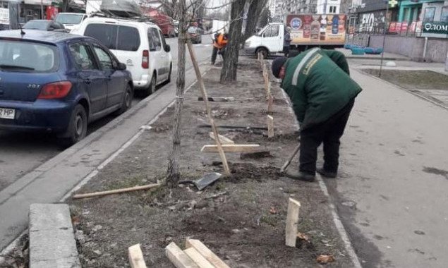 Коммунальщики на бульваре Миколайчука в Киеве установили деревянные антипарковочные столбики (фото)
