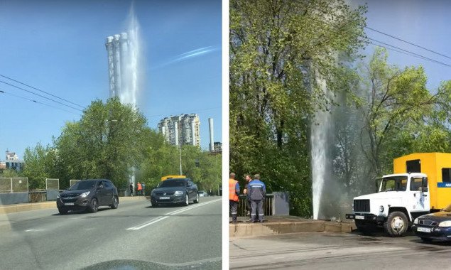Из-за прорыва водопровода около железнодорожного вокзала в Киеве забил многометровый фонтан (видео)