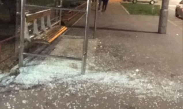Велосипедист ночью разбил стеклянную остановку общественного транспорта в Днепровском районе Киева (видео)