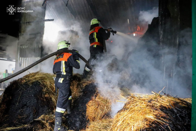 Пожежні показали, як гасили великий вогонь, що охопив 60 тонн сіна в Бориспільському районі (відео)