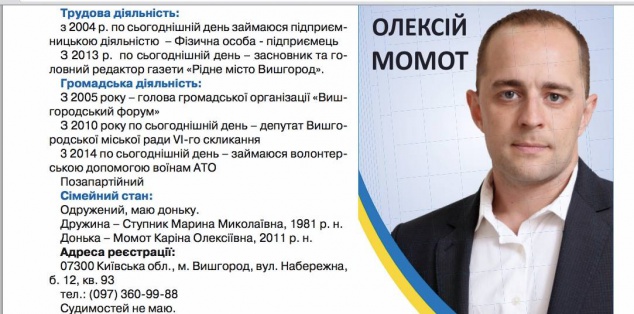 Кандидат в мэры Вышгорода от партии “Воля” Алексей Момот скрыл от избирателей информацию о своей судимости