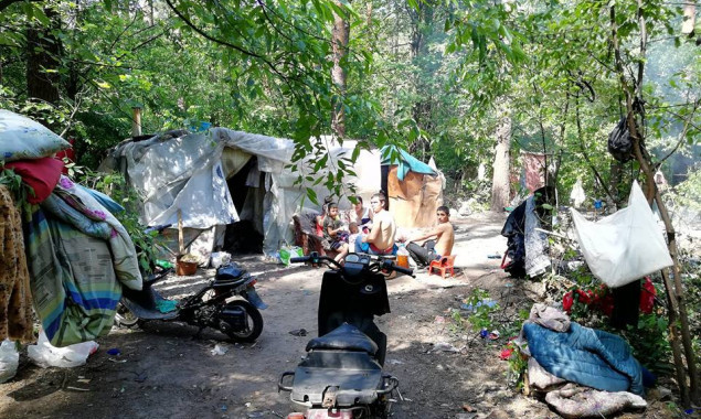 “Национальные дружины” разбирают лагерь ромов в Голосеевском парке