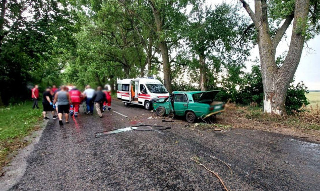 На Білоцерківщині після зіткнення авто з деревом водія викинуло на дорогу (фото)
